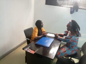 Curator attending to a client